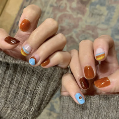 【TE惠】PD-335焦糖咖藍假指甲片多巴胺氣質空氣軟甲跨境色24甲片