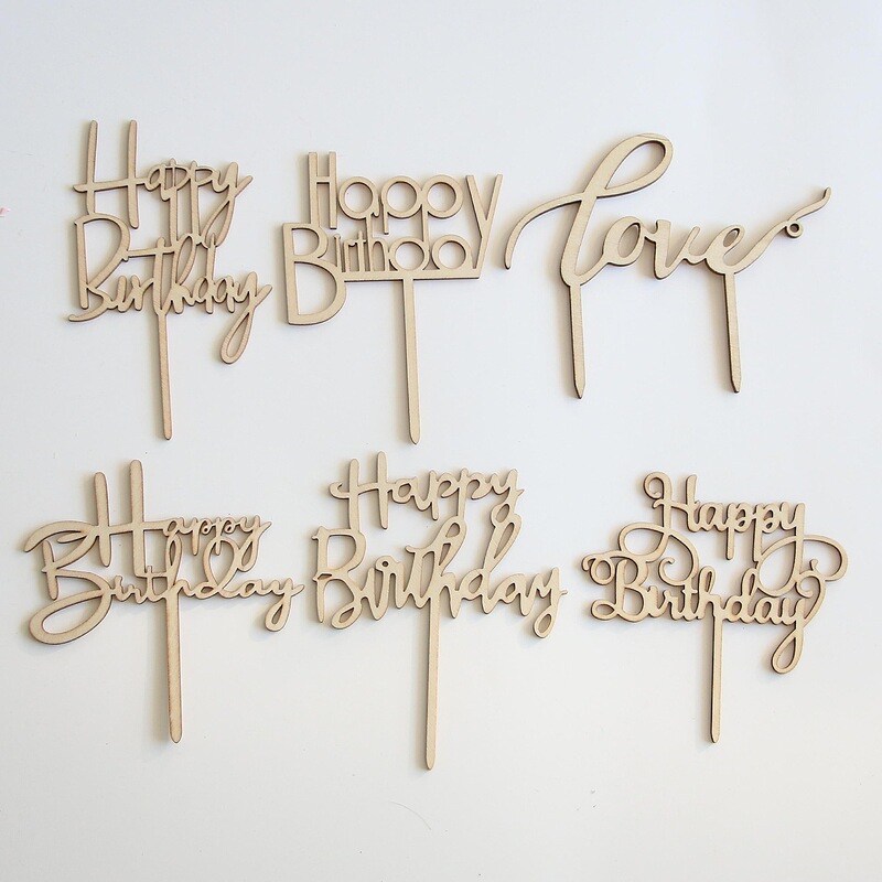 Cross-Border Wooden Happy Birthday Cake Decoration Plug-In Happy Brithday Baking Plug-In Cake Decoration