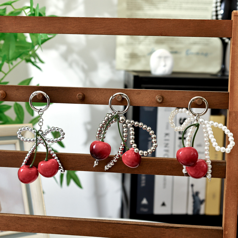 Cross-Border Popular Sweet-Cool Style Bag Charm with Faux Pearl Ccb Lace Bow Ribbon Cherry Pendant Keychain