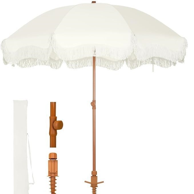 7ft Cross-Border Hot-Selling New Model Wavy-Edge Beach Umbrella with Ground Anchor and Tassels, Retro Outdoor Patio Sunshade Umbrella 7ft Cross-Border Hot-Selling New Model Wavy-Edge Beach Umbrella with Ground Anchor and Tassels, Retro Outdoor Patio Sunshade Umbrella