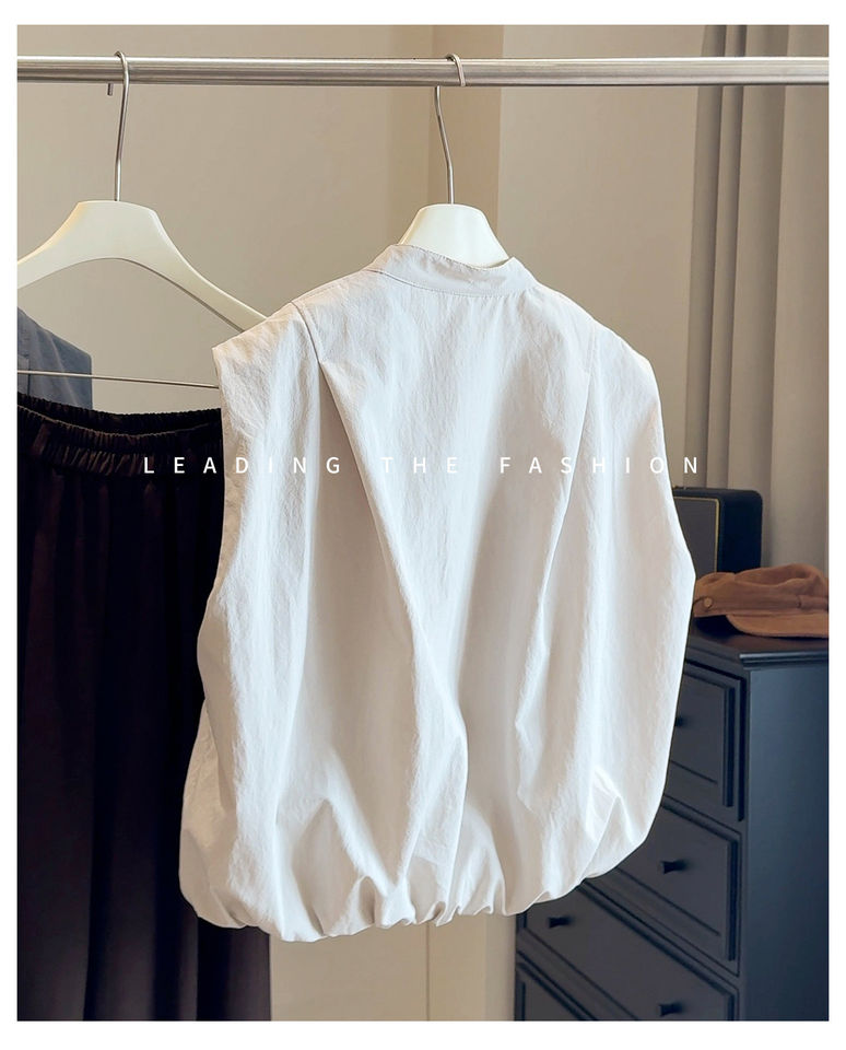 Áo gile nữ không tay dáng rộng gấu bo chun phong cách retro, dài áo 50–65 cm — Màu be, màu xám chi tiết 4