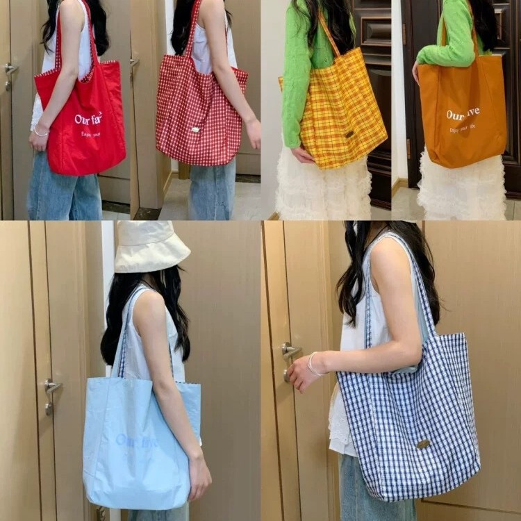 Summer Fresh Double-Sided Plaid Large Bag 2025 New Niche Canvas Bag Commuter Shopping Shoulder Bag Summer Fresh Double-Sided Plaid Large Bag 2025 New Niche Canvas Bag Commuter Shopping Shoulder Bag