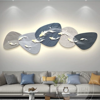 led带灯轻奢九鱼图客厅装饰画沙发背景墙挂画壁画简约现代高级感