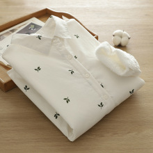 2025年冬装  文艺范印花树叶保暖加绒加厚白衬衫女上衣批发潮