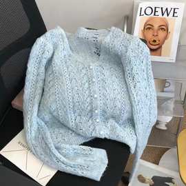 温柔风软糯马海毛针织开衫女装2023新款韩版V领珍珠扣外搭上衣薄