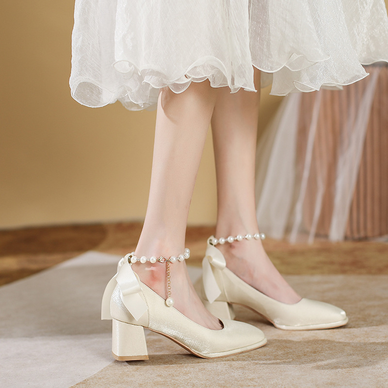 C501-32 Thick Heel Square Toe Bow Fairy High Heel 2023 New Wedding Shoes Bridal Shoes Large Size 40-43 C501-32 Thick Heel Square Toe Bow Fairy High Heel 2023 New Wedding Shoes Bridal Shoes Large Size 40-43