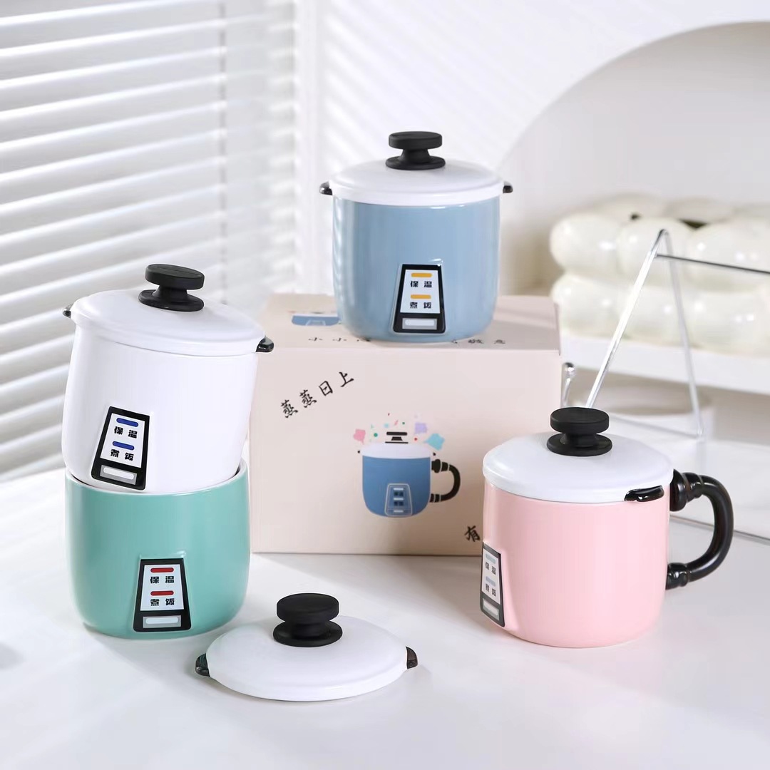 Creativo personalizado olla arrocera forma cerámica taza de agua con tapa taza divertida red rojo de alto aspecto lindo taza de café