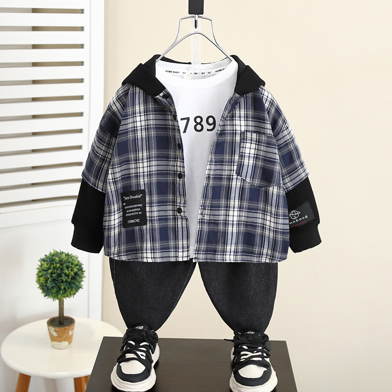 5989 Chaqueta de camisa con capucha de otoño para niños 2024 Nueva camisa a cuadros de manga larga de primavera y otoño para niños