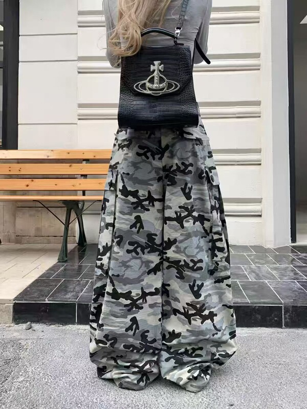 梵思羽美式复古迷彩工装牛仔裤女潮牌宽松百搭拼接阔腿拖地长裤子|undefined