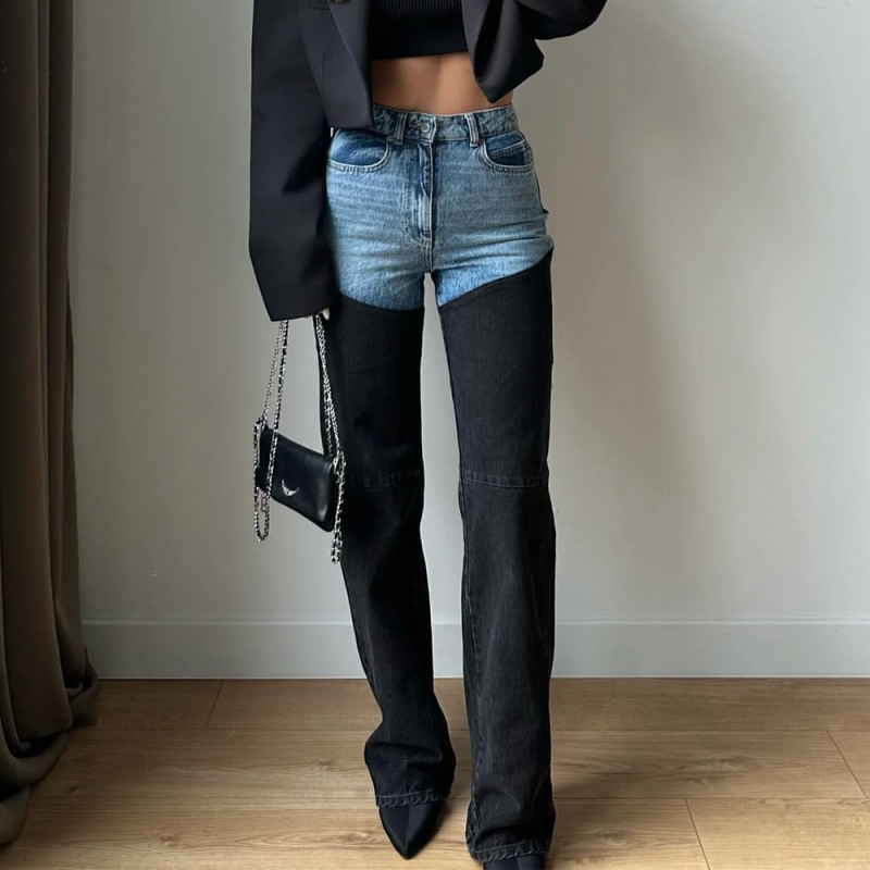 Cross-border 2025 Spring Europe and the United States New Amazon Fashion Casual Contrast Color Stitching Straight Tube Women's Old Jeans Cross-border 2025 Spring Europe and the United States New Amazon Fashion Casual Contrast Color Stitching Straight Tube Women's Old Jeans