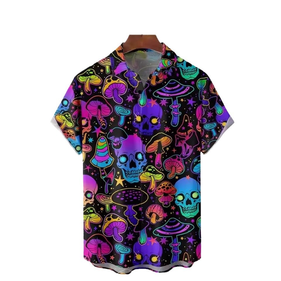 AliExpress Europa y América Venta caliente Colorido Abstracto Diversión Skull Impresión 3D Camisa suelta de manga corta con botones de verano para hombres
