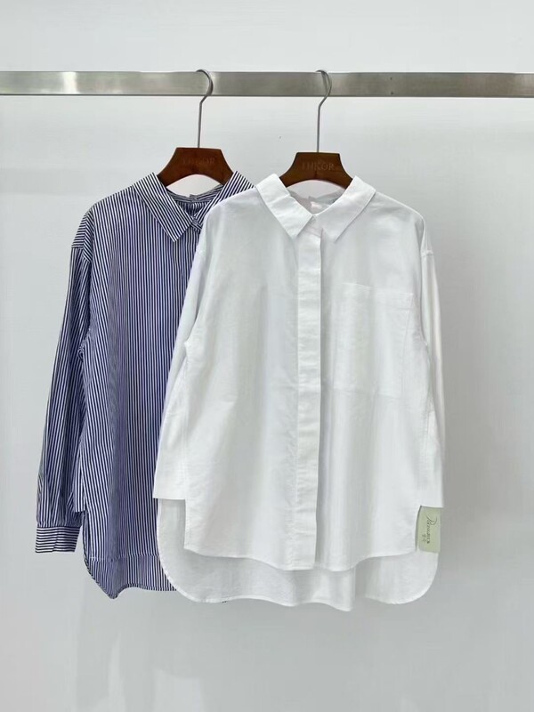 Th2025 Korean Autum New Style Dark Placket Short Front and Long Back White Shirt Loose Version Long-Sleeved Casual Shirt for Women