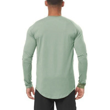 跨境肌肉男士运动长袖T恤棉训练服春秋纯色套头衫薄款纯色打底衫