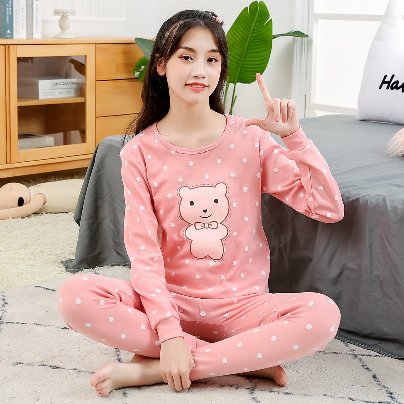 십대 세트 어린이 가을 옷과 바지 순수한면 열 속옷 학생 홈 옷 중 · 대형 어린이 잠옷 여성 가을과 겨울
