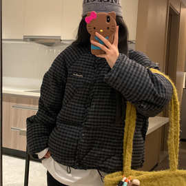 韩系格纹短款棉服女感宽松百搭冬季加厚保暖面包服棉袄外套潮