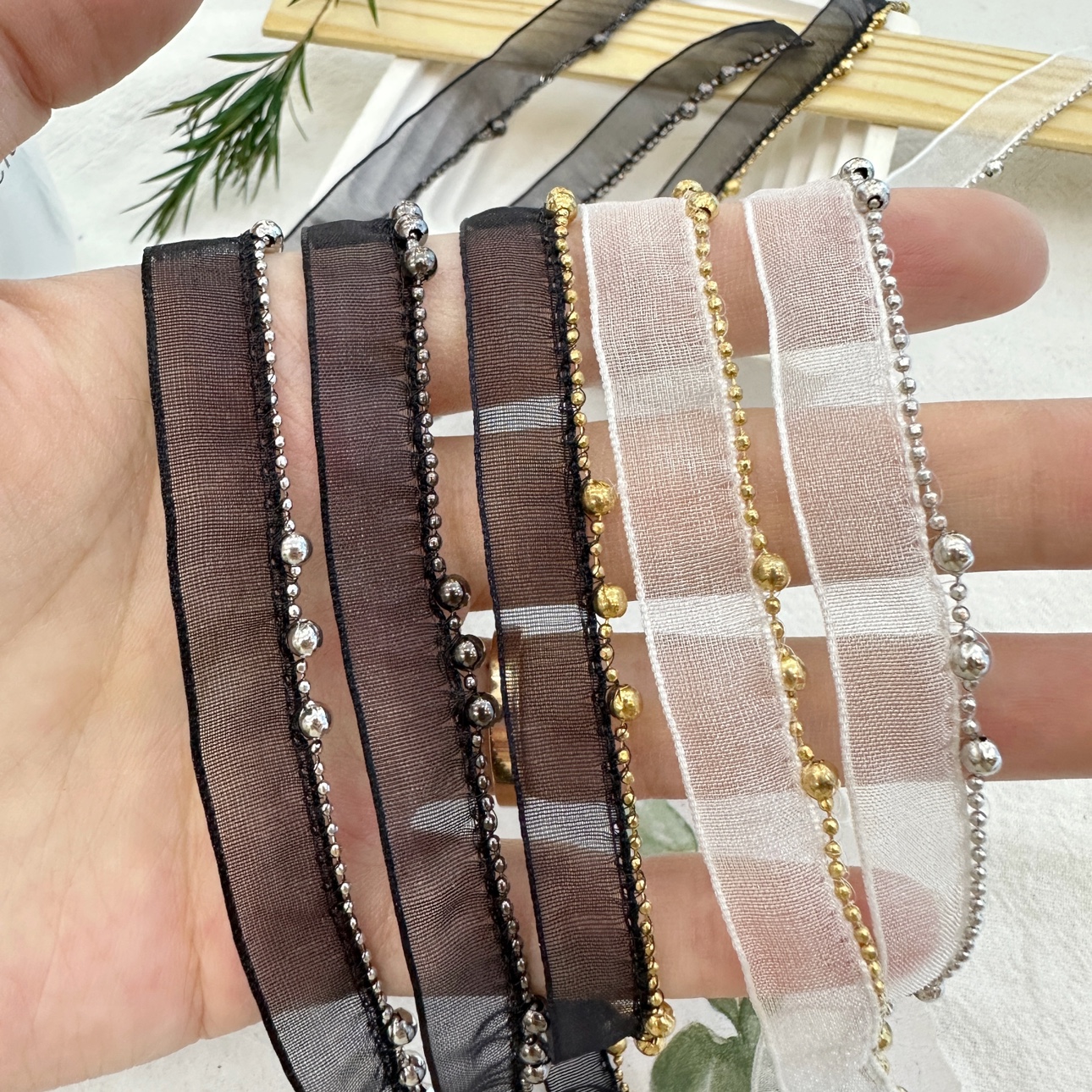 ✔Black gauze edge large and small copper bead chain lace handmade…