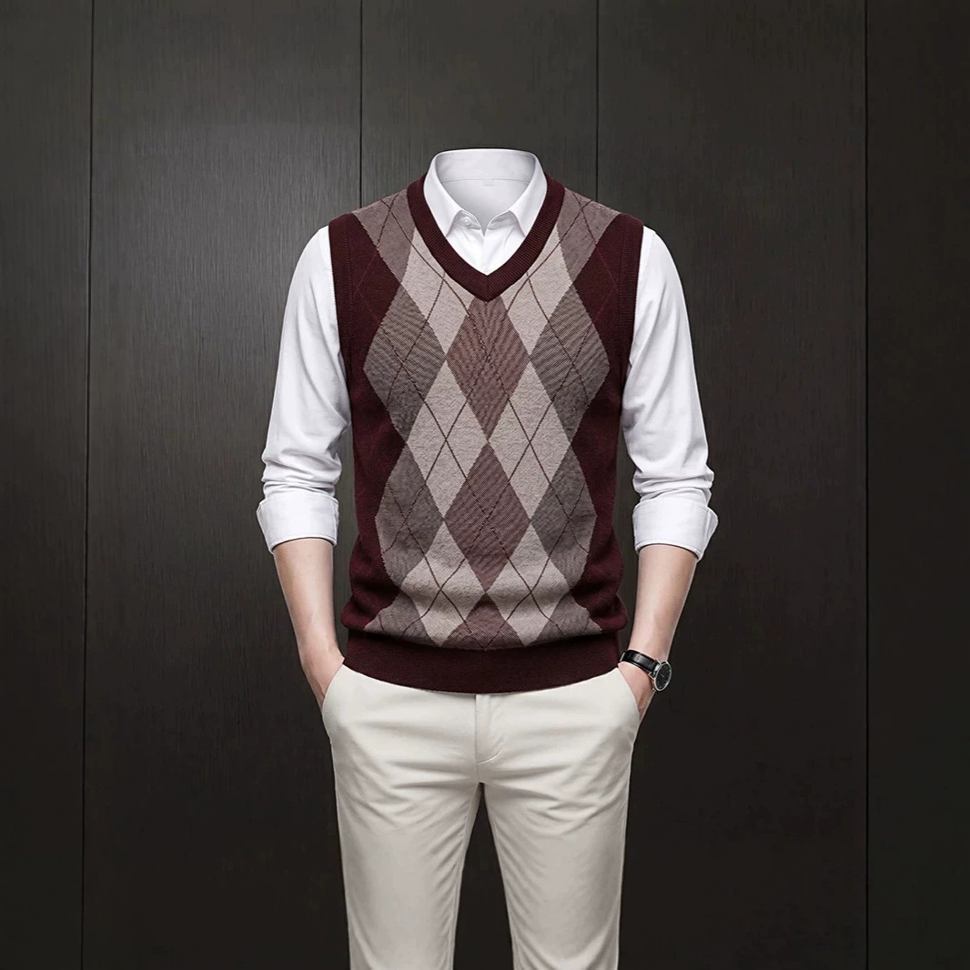Thickened wool-blend casual vest for men, sleeveless, loose fit, knitted for middle-aged and elderly, diamond-patterned jacquard knit sweater