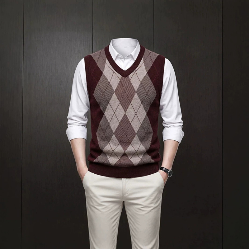 Thickened wool-blend casual vest for men, sleeveless, loose fit, knitted for middle-aged and elderly, diamond-patterned jacquard knit sweater