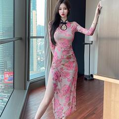 胖mm300斤大码韩版时尚气质印花改良版旗袍春秋新款七分袖连衣裙