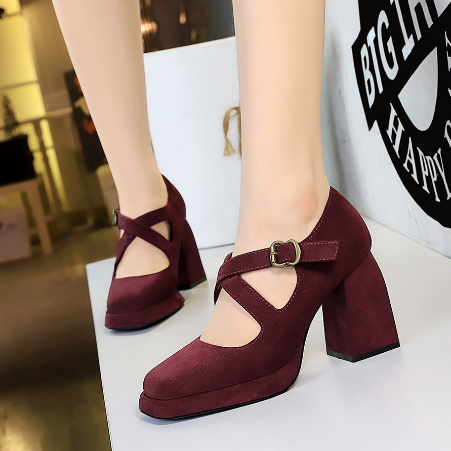 9613-8 European And American Style Women's Shoes, High-heeled, Chunky Heel, Platform, Shallow Square Toe, Buckle, Suede,_vogvips.com