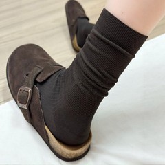 秋冬款棉质短袜竖条纹甜美米白色小腿袜咖啡色堆堆袜灰色中筒袜子
