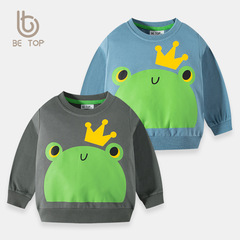 2024 New Fall and Winter Children's Cartoon Frog Print Cotton Baby Hoodie Round Neck Casual Sweatshirt Trend
