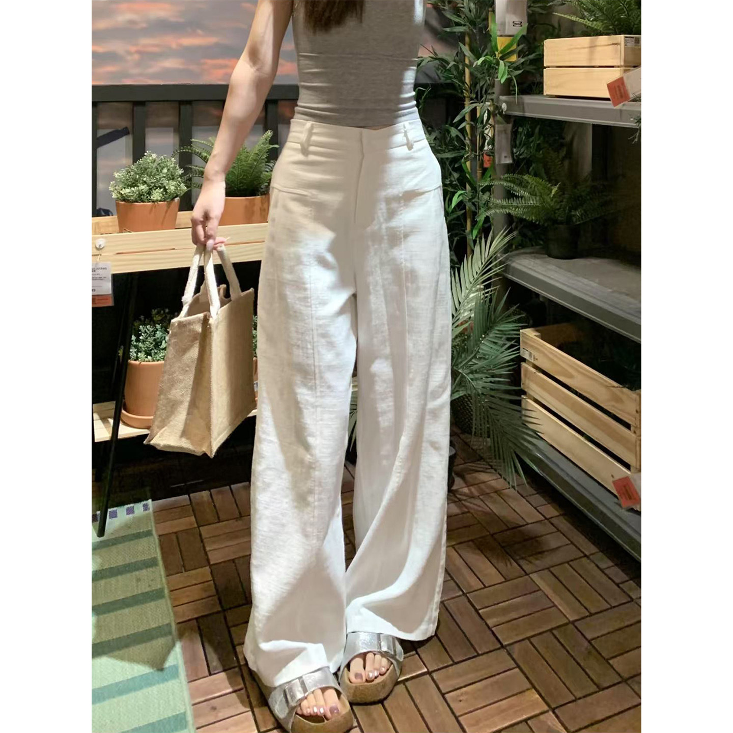 White Linen Ramie Wide-Leg Pants for Women, Spring and Autumn Style, High-Waisted, Drapey, Old Money Style, Straight-Leg Cotton-Linen Suit Casual Pants