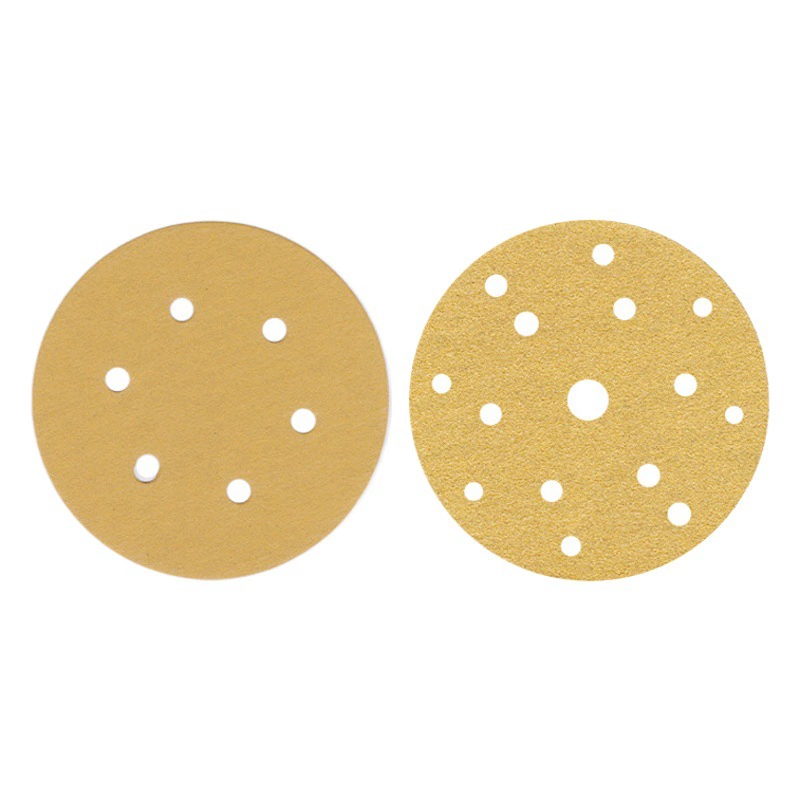 Оптовая продажа желтой наждачной бумаги: 6-дюймовая, 6- и 9-отверстная, вакуумная, для деревообработки, пластиковая, круглая, самоклеящаяся, для сухого шлифования, на велюровой основе, желтая наждачная бумага