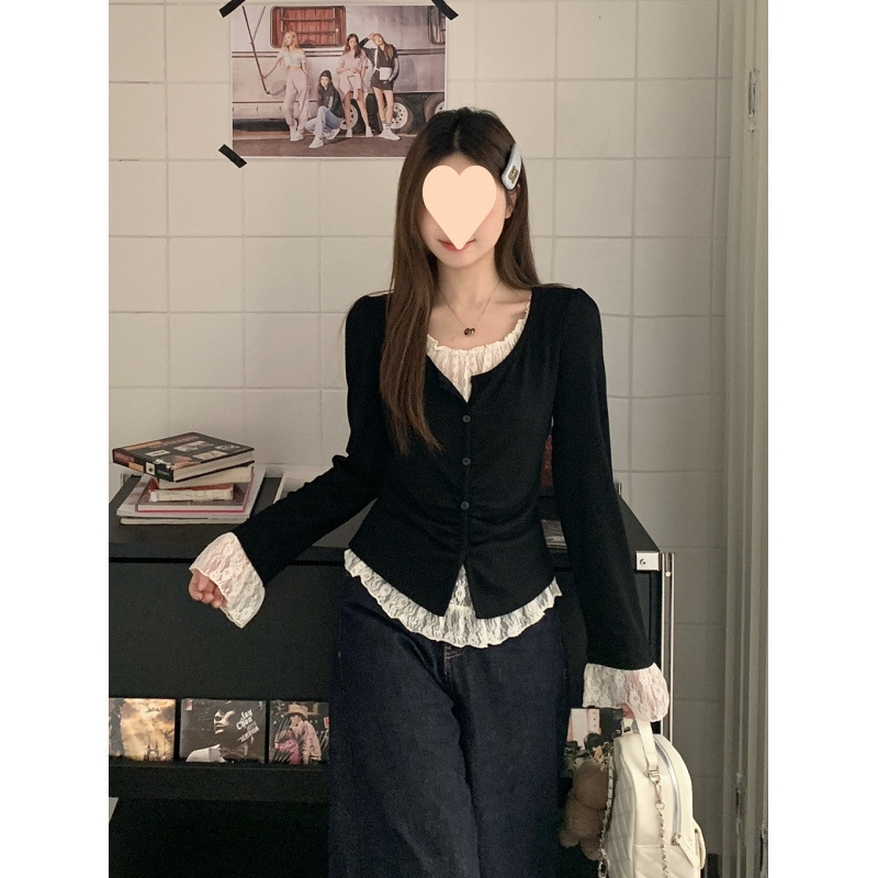 大きいサイズのカジュアルで高級感のある女性用レース長袖シャツ、春の偽ツーピースボトムシャツ、太った肉をカバーして痩せるトップス|undefined