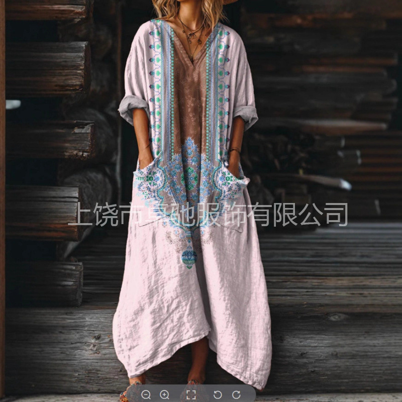 2025 New Independent Station Women's Retro Floral Art Pattern Printed Pocket V Neck Pocket Dress 2025 New Independent Station Women's Retro Floral Art Pattern Printed Pocket V Neck Pocket Dress