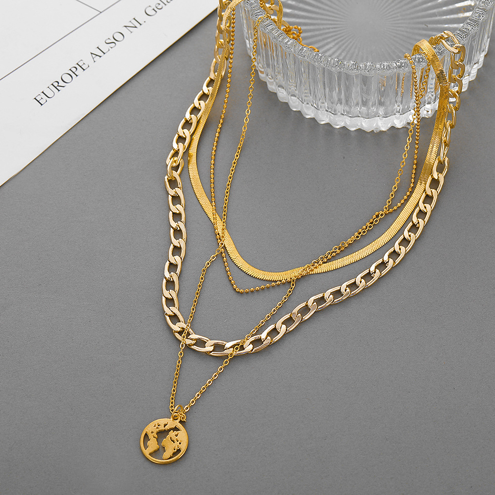 New Creative Exaggerated Hip Hop Snake Chain Map Pendant Four Layer Necklace display picture 2