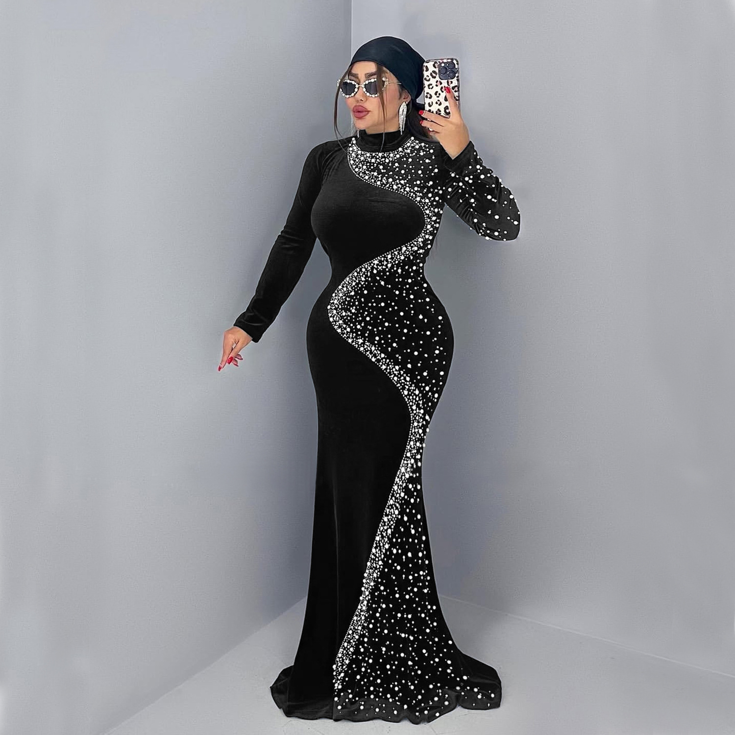C7616 Aliexpress transfronterizo Amazon Europa y América de moda moda femenina temperamento elegante de seda de diamante vestido de vestido