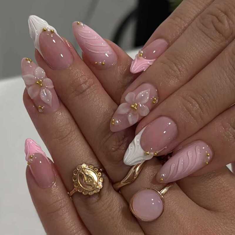Cross-Border Hot-Selling Pink French Carved Stereo Wearable Nails 3D Flower Gold Beads Almond Manicure Nails Factory Direct Delivery Cross-Border Hot-Selling Pink French Carved Stereo Wearable Nails 3D Flower Gold Beads Almond Manicure Nails Factory Direct Delivery