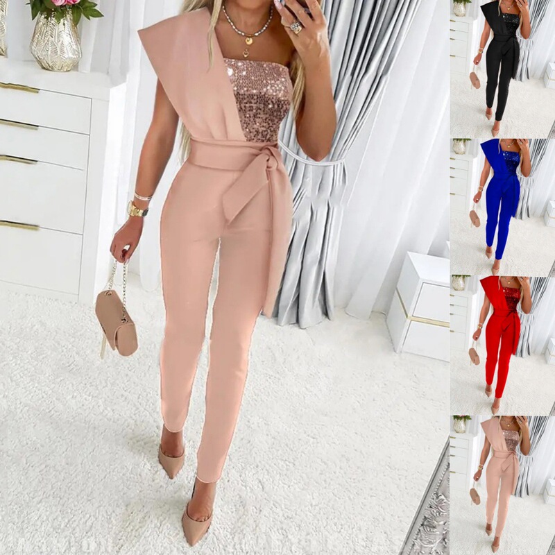 Cross-border European and American foreign trade printed jumpsuit solid color sleeveless belt decorative jumpsuit slim-fit stitching bead women's clothing