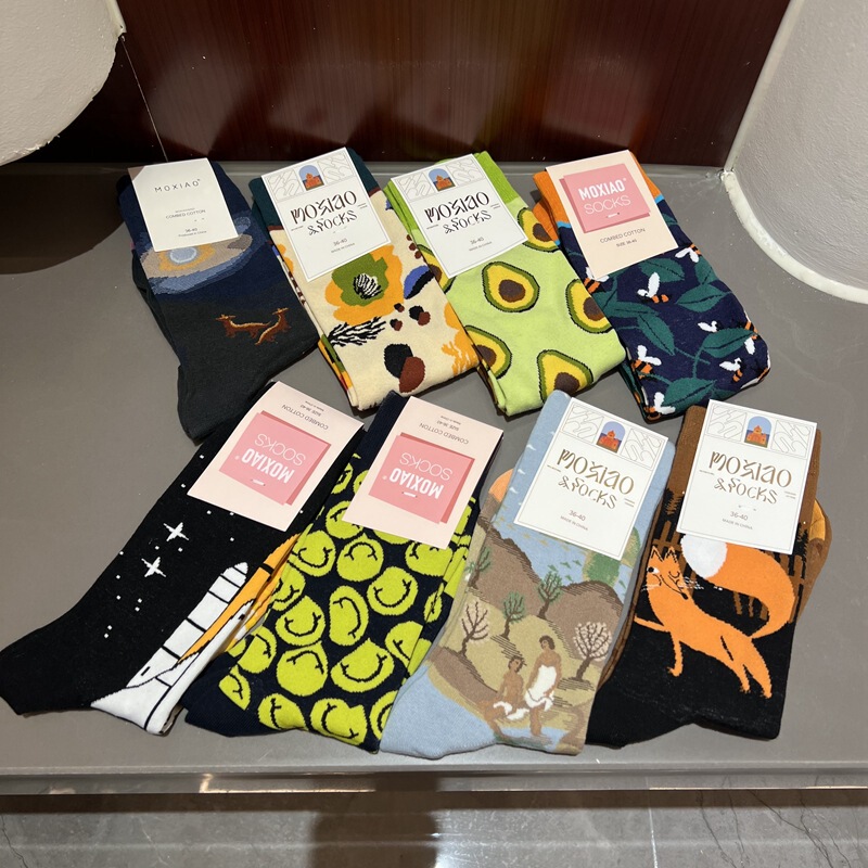 Fun Oil Painting Socks Women's Mid-length Socks ins Trendy Socks Men's Outer Wear Versatile Colorfulful Retro Literary Calf Cotton Socks