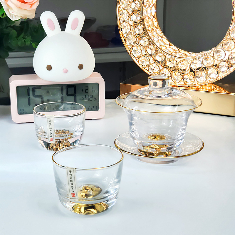 Gold-plated crystal glass teapot set with creative base depicting a mountain of gold, direct sale from manufacturer