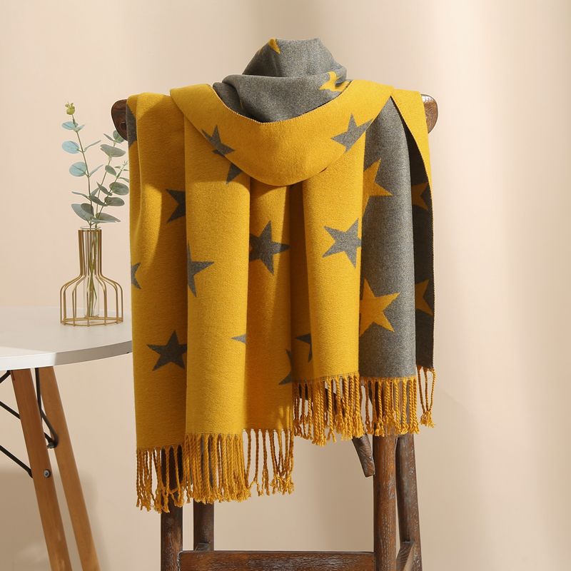 双面羊绒围巾女冬季加厚新款时尚五角星围脖韩版百搭流苏保暖披肩