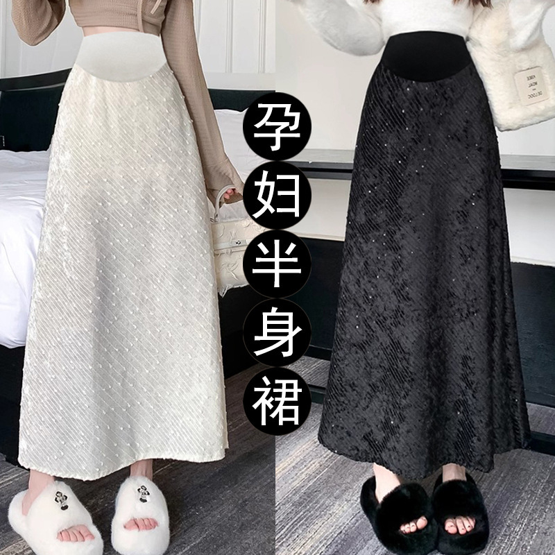 In stock pregnant women's sequined jacquard gold velvet skirt spring and autumn to ankle A- line dress gentle wind large swing umbrella skirt