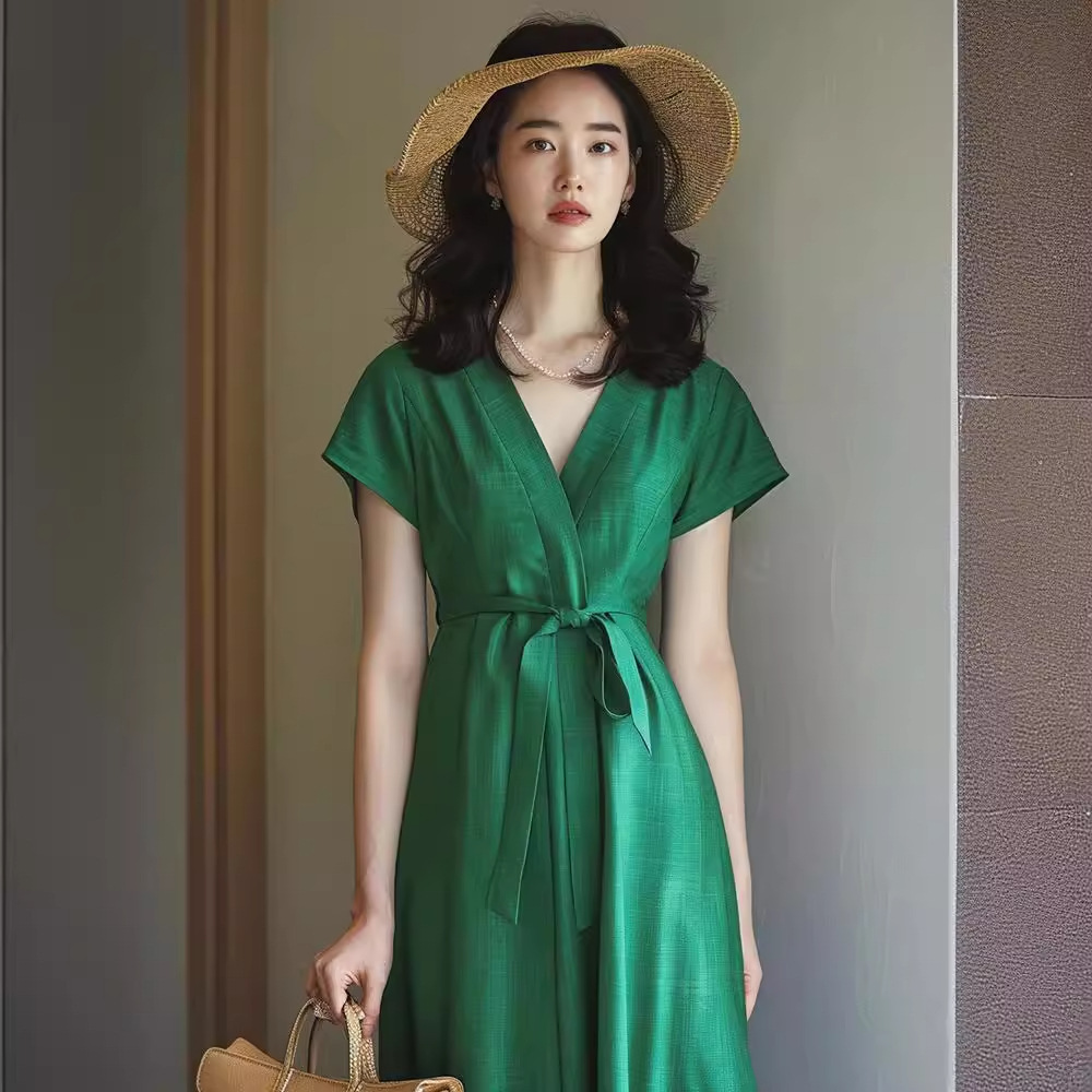 Váy maxi cổ chữ V dài thanh lịch mùa hè thiết kế độc đáo — Màu xanh lá