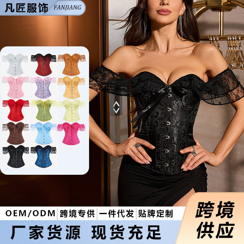 New Plus-Size Vintage Lace-Trimmed Off-Shoulder Corset with Puff Sleeves and Bust-Enhancing Boning New Plus-Size Vintage Lace-Trimmed Off-Shoulder Corset with Puff Sleeves and Bust-Enhancing Boning