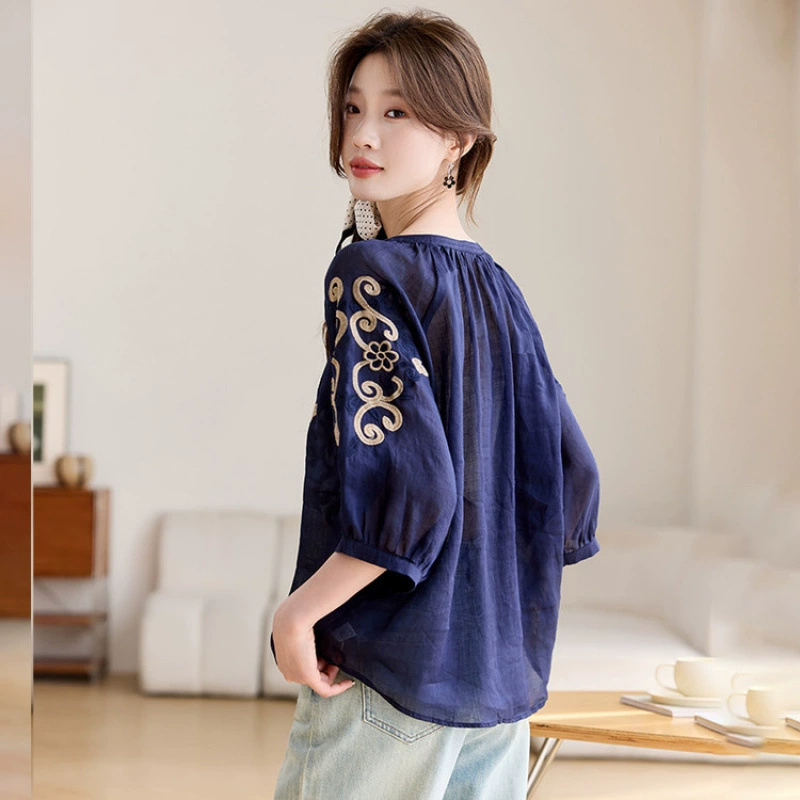 Топы из хлопка и льна с вышивкой в ​​китайском стиле, новинка 2025 года, летние модные рубашки из рами, рубашки с рукавами три четверти