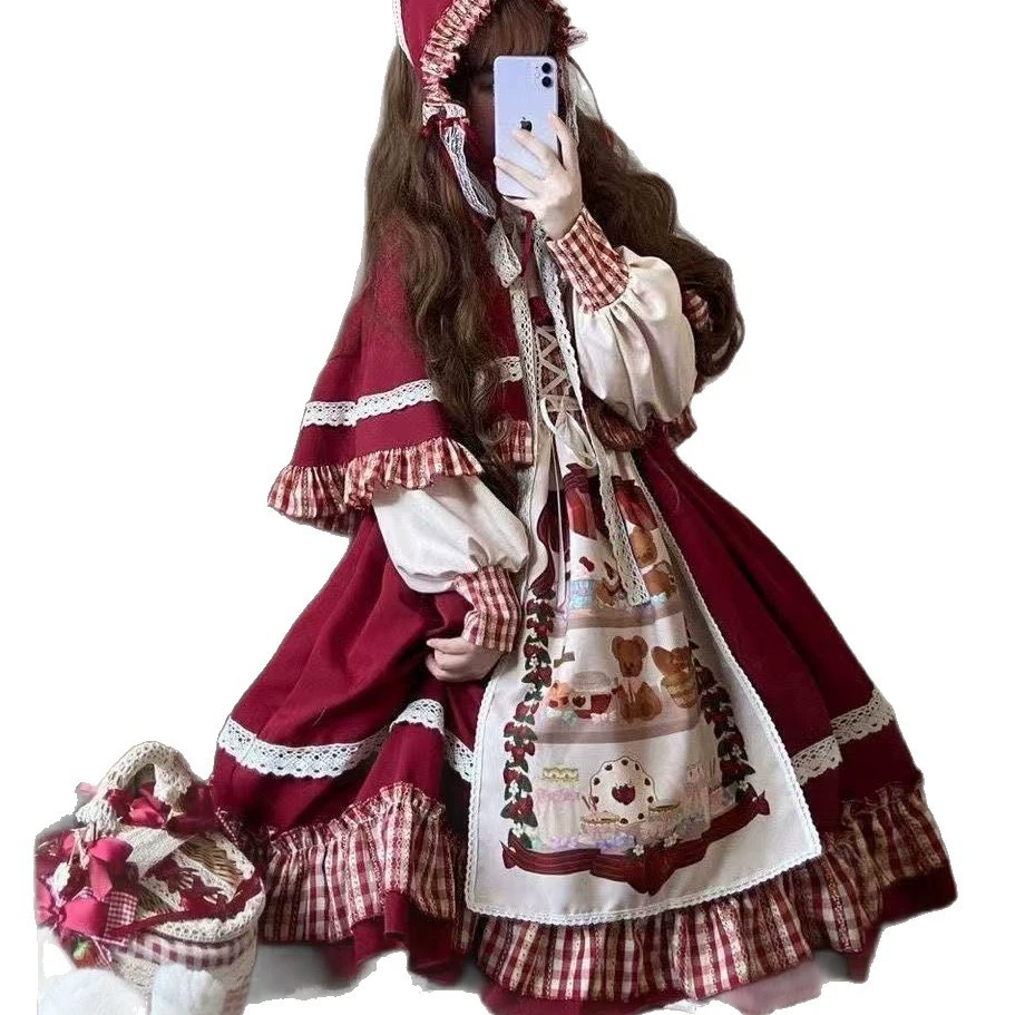Красная Шапочка, рождественская милая юбка, косплей, стиль Lolita, полный набор, Lolita OP