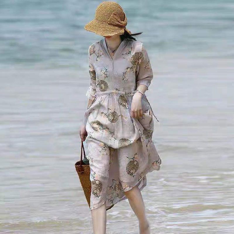 原单品牌折扣剪标女装夏季新款复古印花棉麻短袖中长款连衣裙