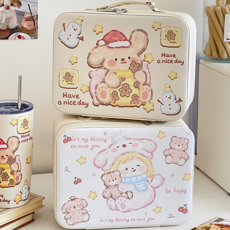 Caja de maquillaje de dibujos animados de alto valor facial portátil de gran capacidad para productos de cuidado de la piel caja de almacenamiento de acabado de cuero pu maleta de almacenamiento