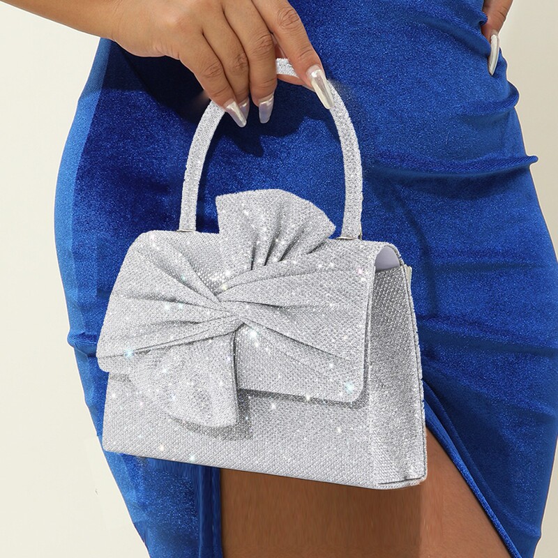 2025 New Cross-border Shining Glitt Handmade Bow Woven Handheld Metal Chain Clutch Women's Evening Bag