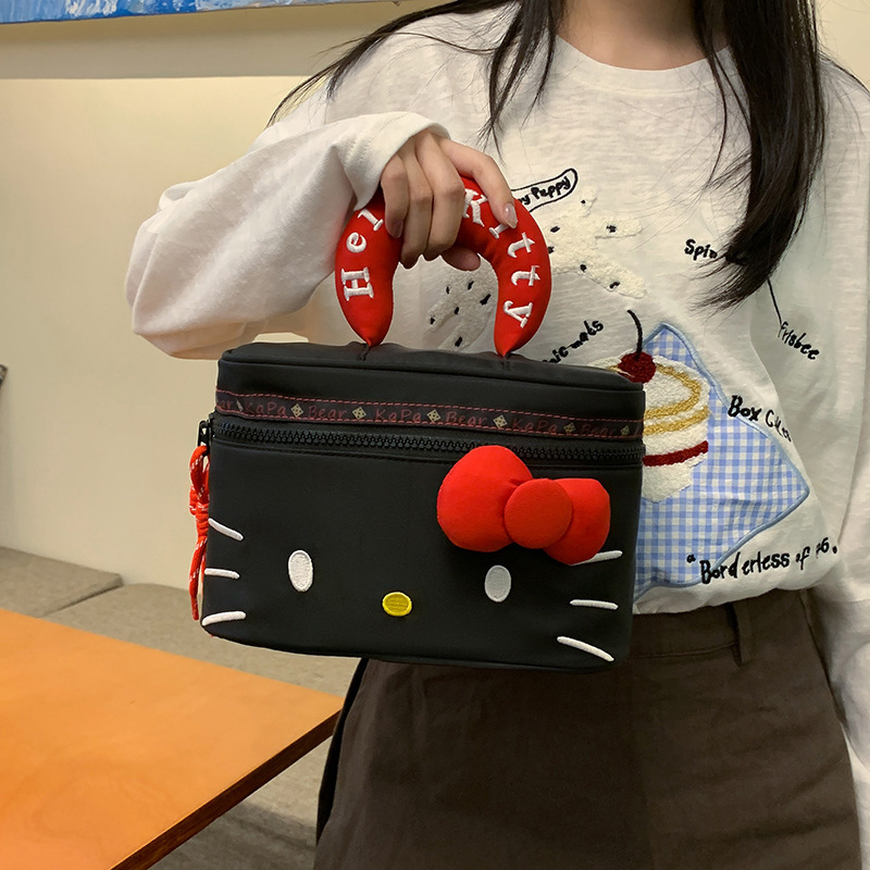 Japanese-Style Cartoon Black Cat Mini Box Bag for Girls, Cute Storage Handbag, Personalized Travel Makeup Bag