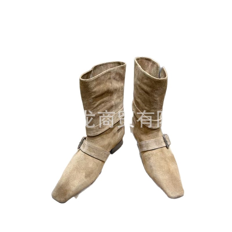高端小众2025秋冬真皮方头复古双扣低跟中筒马丁靴西部牛仔靴单靴|undefined