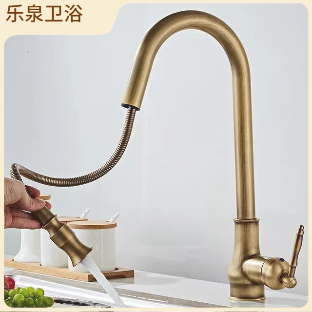 Transfronterizo retro de estilo Europeo tirón grifo antiguo cepillado oro color vegetal cuenca tirar de la cocina grifo caliente y fría
