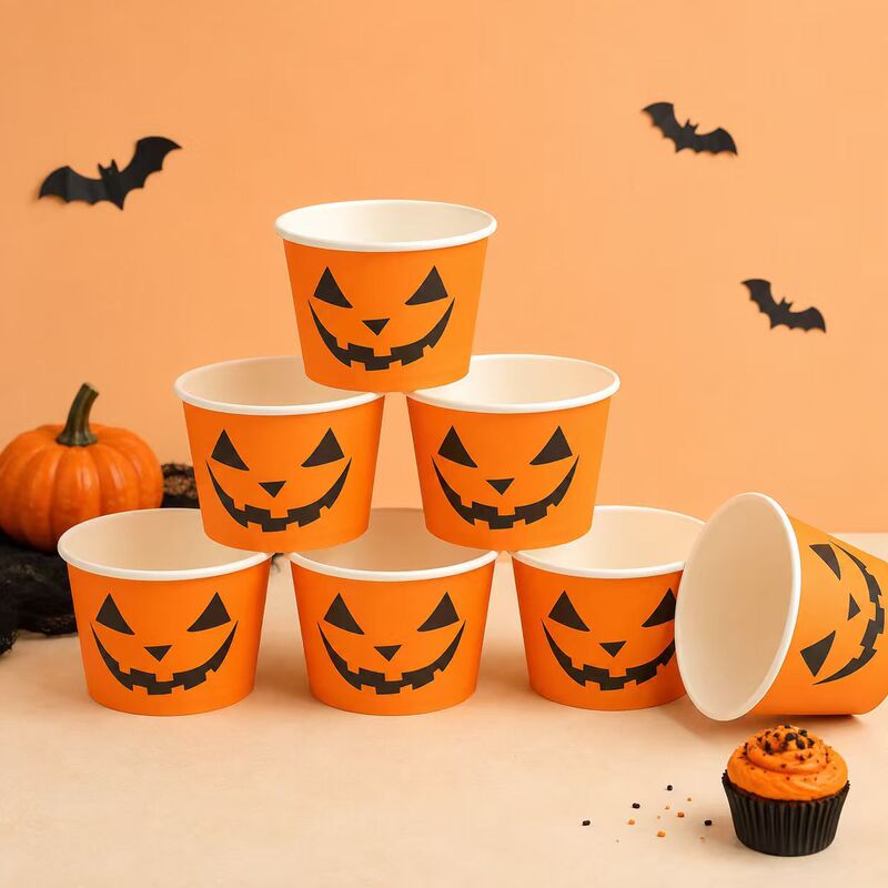 Xiyin temu cross-border exclusive supply of disposable biodegradable Halloween double-sided pumpkin ice cream bowls for birthday table decoration Xiyin temu cross-border exclusive supply of disposable biodegradable Halloween double-sided pumpkin ice cream bowls for birthday table decoration