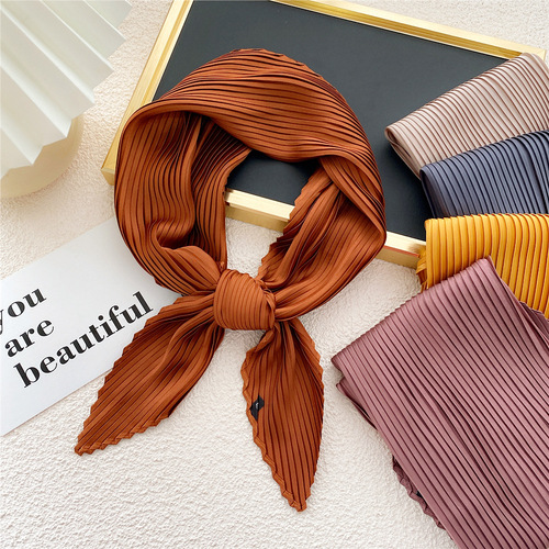 70 pleated solid color small square scarf for women plain color four seasons thin silk scarf professional spring and autumn scarf decorative scarf